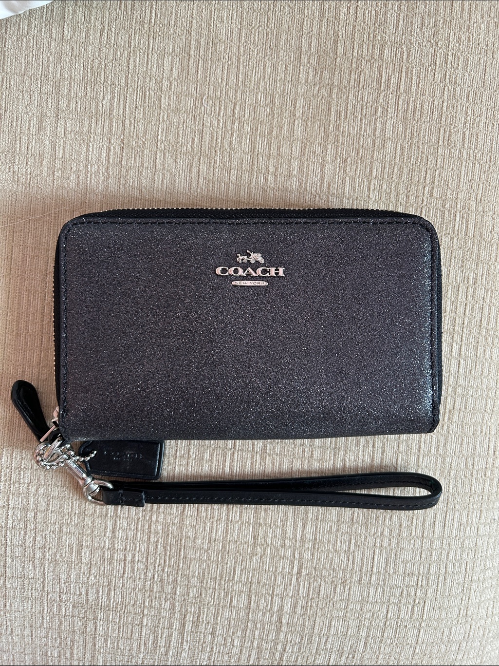 Coach Metallic Charcoal Zip Wristlet Wallet With Removable Strap